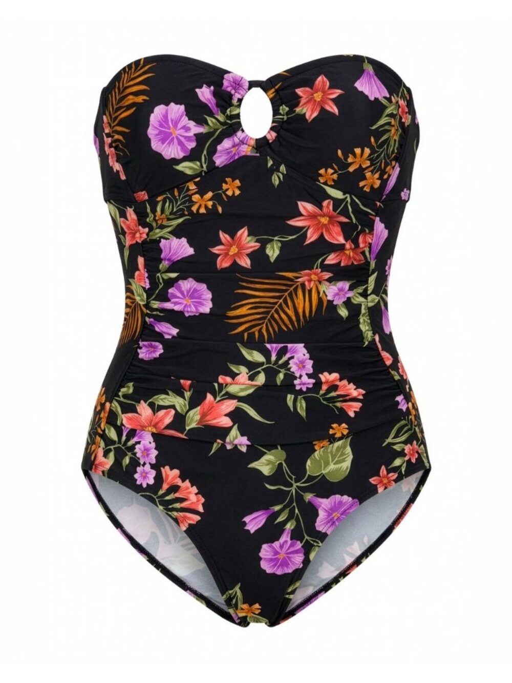 Shade & Shore Black Tropical Floral Bandeau One Piece Swimsuit Ruched Small NWT - Picture 3 of 14